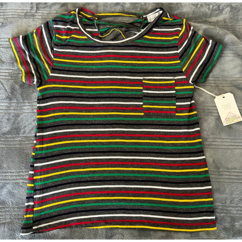 Nwt Glitz Multicolor Striped Criss Cross Back Short Sleeve T-Shirt Womens Medium